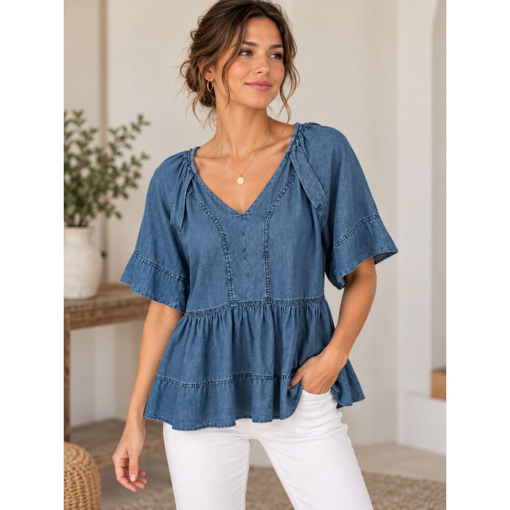 Farmers Market Women's S Denim Peplum Short Sleeve Dark Vintage Babydoll Boho